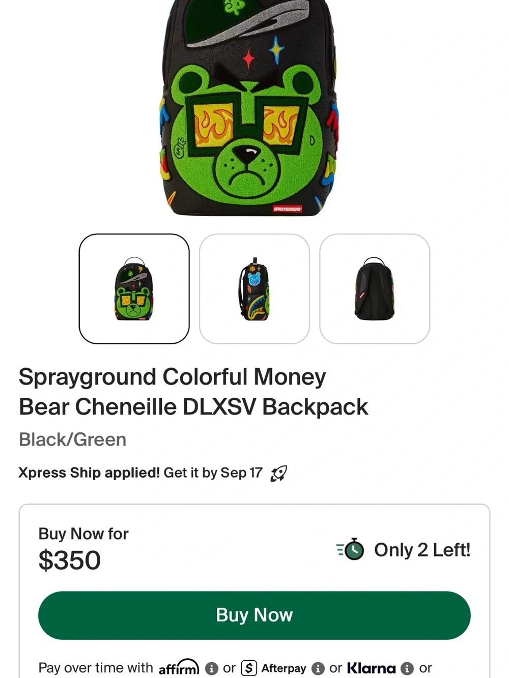 Sprayground Black Backpack with Neon Green Bear Patch and Multicolor Accents